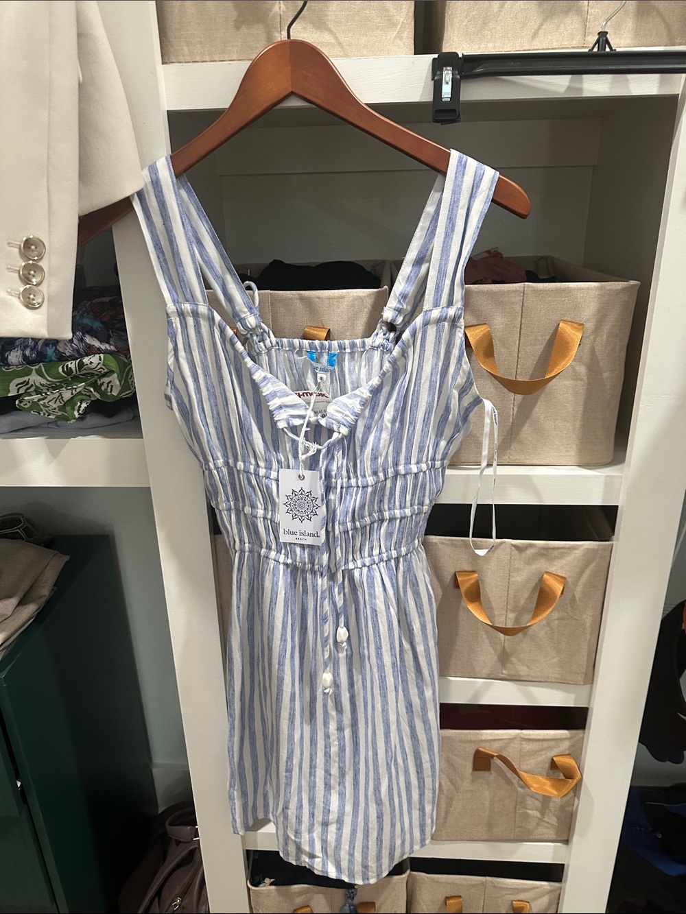 Blue  island Blue and White Striped Tie-Front Mini Dress